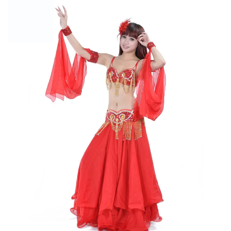 

Fashion Women Dancer Sexy Beaded Belly Dance Bra Top Sequined Fringe Belt Chiffon Skirt Dancing Costume