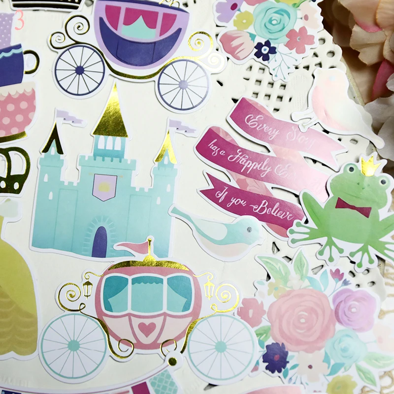 

34pc/lot Bronzing Fairy tale world Princess dream The Frog Prince Decorative Sticker DIY Scrapbooking Label Diary Album Sticker
