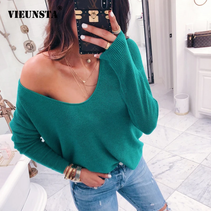 VIEUNSTA Sexy V-neck Off Shoulder Sweater Women 2018 Casual Long Sleeve Ribbed Solid Pullover Female Autumn Winter Knitted Tops