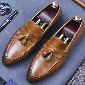 

QYFCIOUFU British Man Formal Dress Fashion Tassel Shoes Genuine Leather Handmade Loafers Round Toe Slip On Men's Office Shoes
