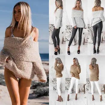 

Women Fashion Off Shoulder Sweatshirt Casual Long Sleeve Knitted Outwear Tops