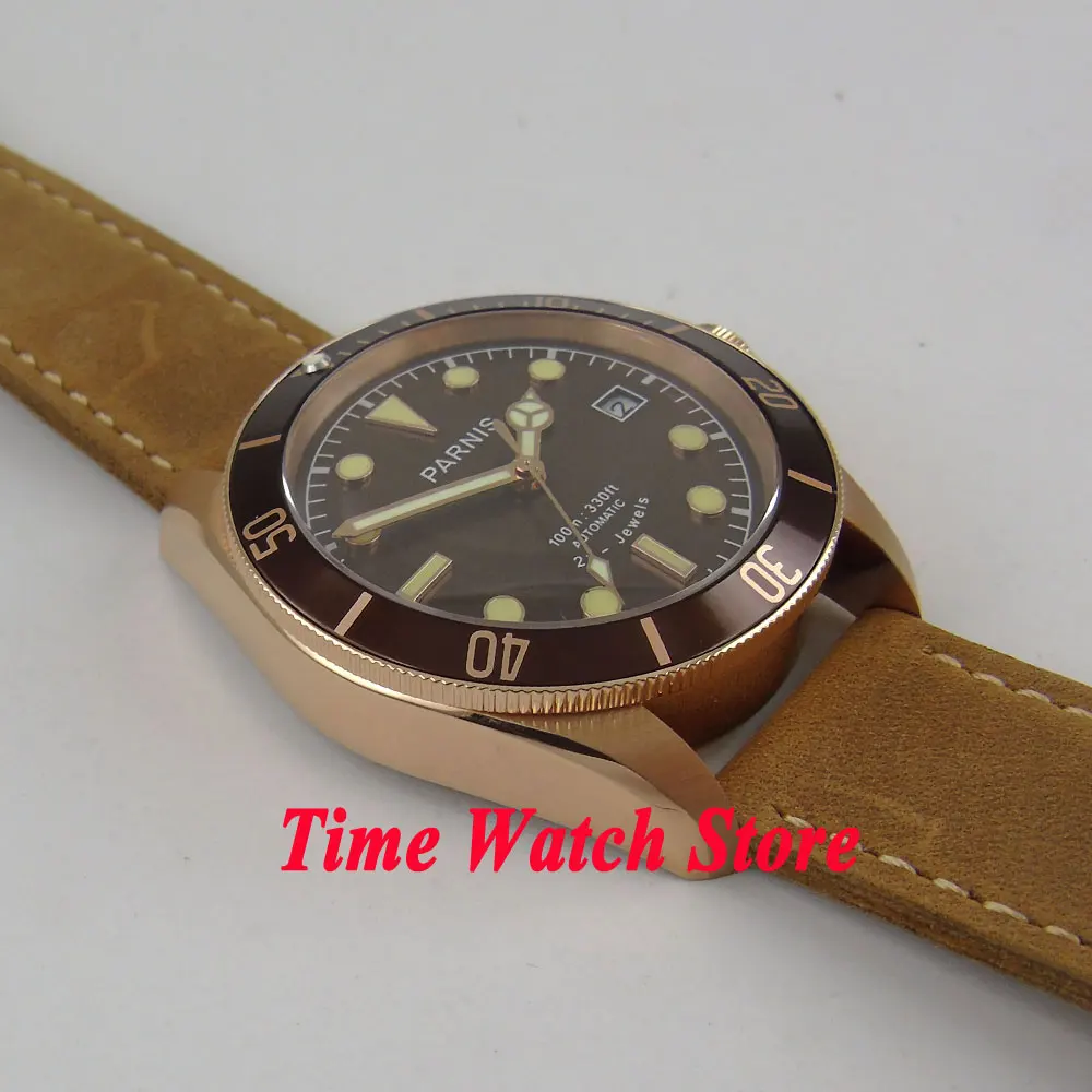  41mm PARNIS fashion style men's watch golden case sapphire glass brown dial luminous 21 jewels MIYO