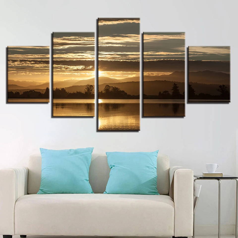 Painting Frame Modular Art 5 Pieces Mountain Tree Lake Beautiful ...