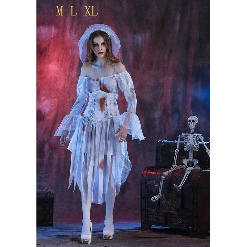 2018 высокое качество ужасный костюм вампира Косплей Взрослый маскарадный костюм вечерние призрак Вечеринка белое платье Женский сетевой