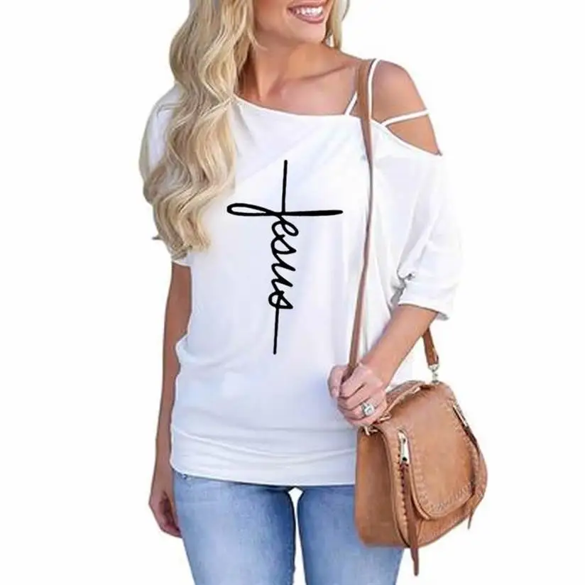 

New Arrival Faith Letters Print T-Shirt For Women Slanted Shoulder Sleeve Plus Size Tops T-Shirt Female Tshirt Cropped Size Off