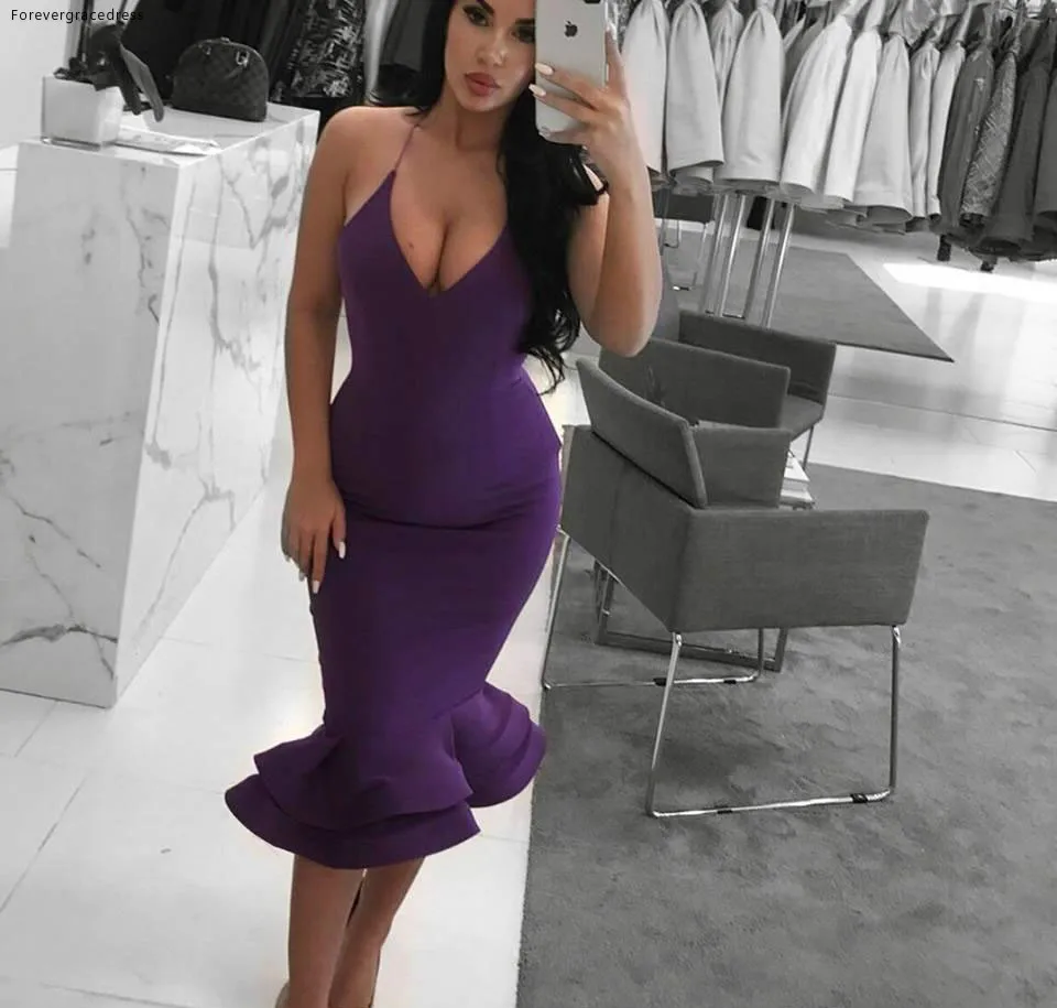 Sexy Purple Sheath Mini Bodycon Cocktail Dresses 2019 Ruffles Knee Length Spaghetti Straps Women Prom Evening Gowns Cheap  93