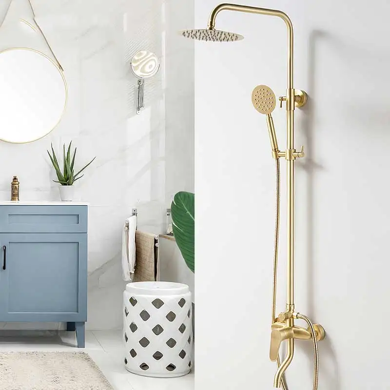 

golden shower set copper pressurized Rainfall Shower Faucet Set Wall Mounted with Hand Shower Bathroom Rain Shower Column Tap