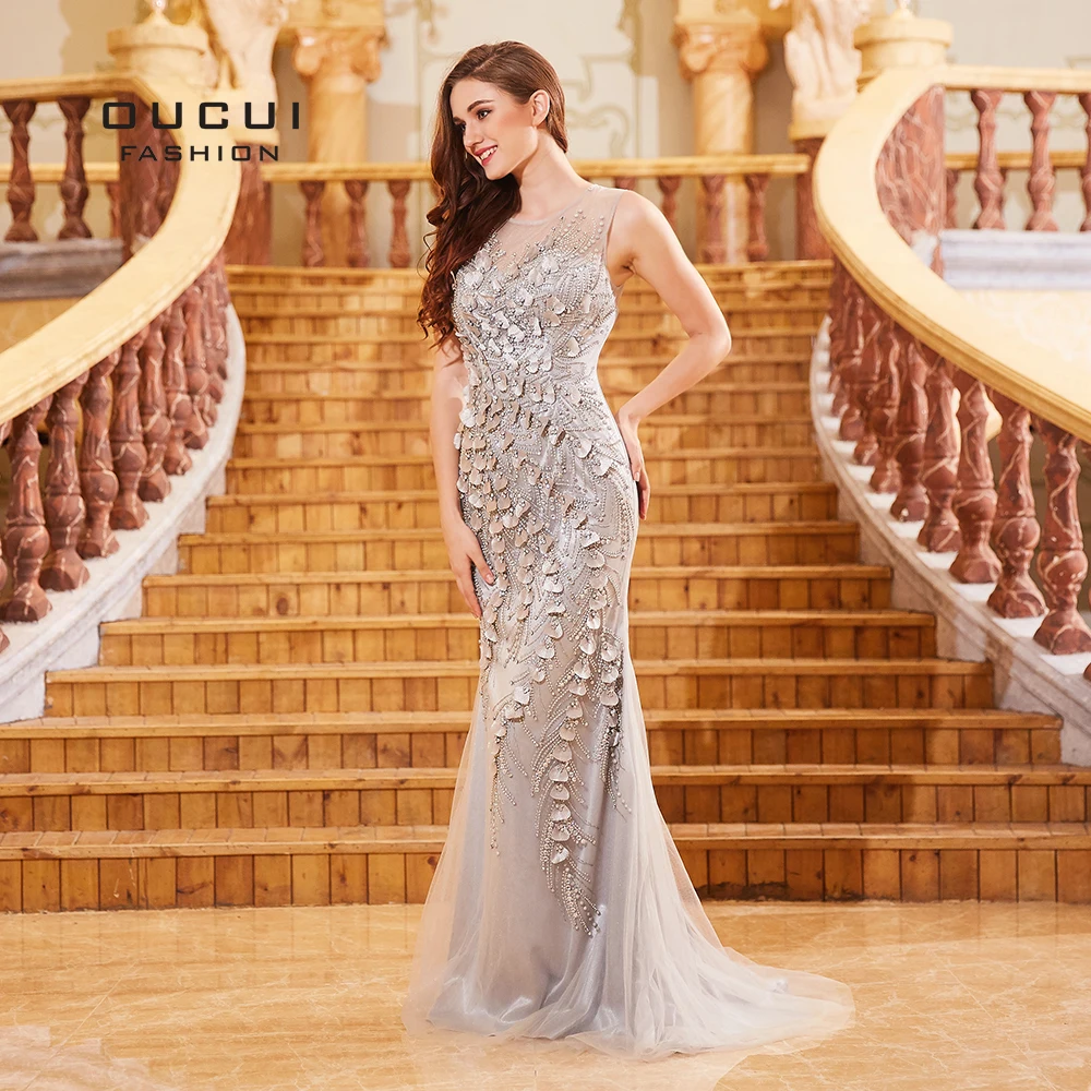 Серое великолепное торжественное вечернее платье, длинное с жакетом, расшитое бисером и блестками, сексуальное вечернее платье русалки, элегантное вечернее платье OL103303