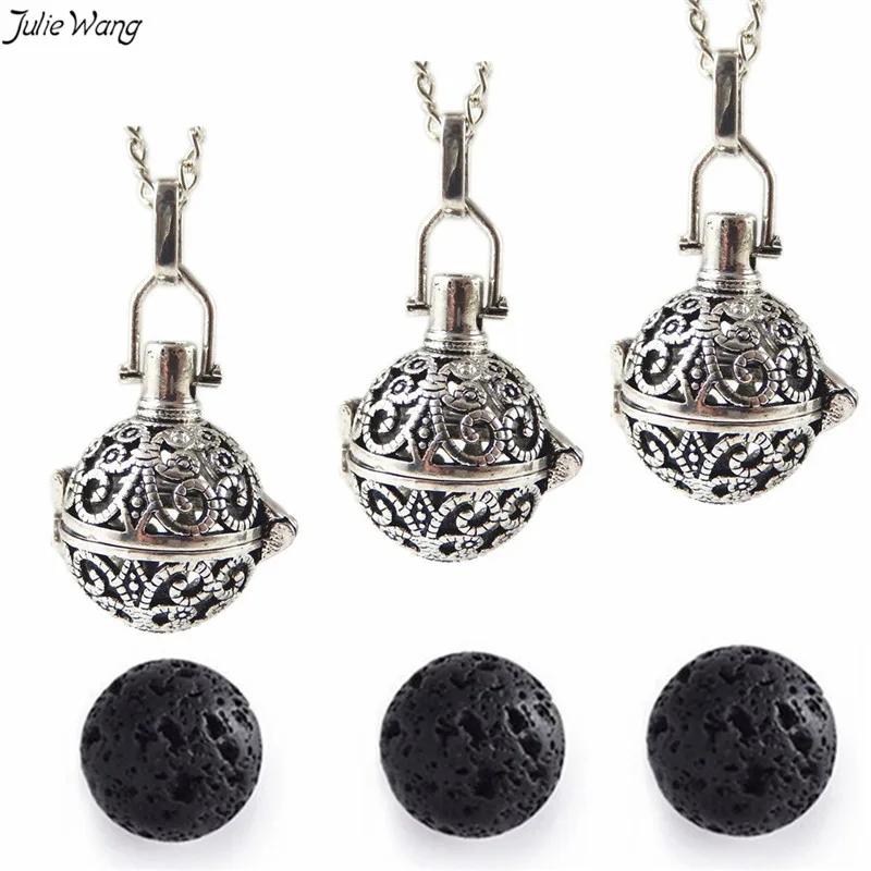 

Julie Wang 3PCS Silver Tone Pendant Necklace Openable Locket Metal Link Chain Vintage Essential Oil Diffuser Hanging Jewelry