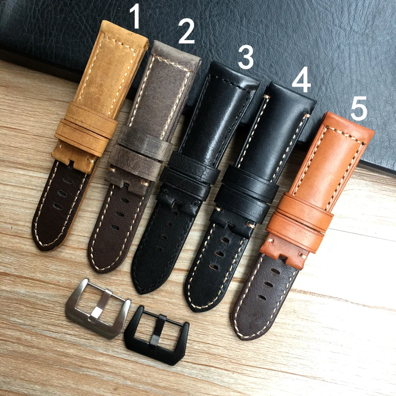 

High Quality 24mm 26mm Italy Brown Black Gray Crazy Horse Genuine Leather Watchband Wristband For PAM Panerai Watch Strap