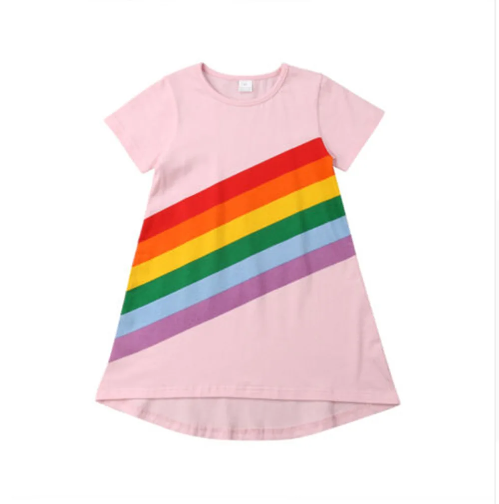 

Summer Girl Dress Cotton Rainbow Children Casual Dress Kids Clothes