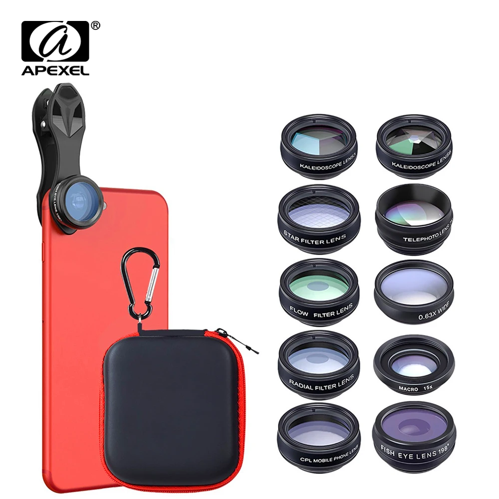 

APEXEL 10in1 Phone Camera Lens Kit Fisheye Wide Angle Macro 2X Telescope Lens for iphone huawei samsung galaxy android celphones