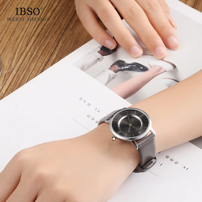 IBSO 7 MM Ultra-Thin Women Watches 2017 Genuine Leather Strap Fashion Blue Quartz Watch Women Luxury Ladies Watch Montre Femme