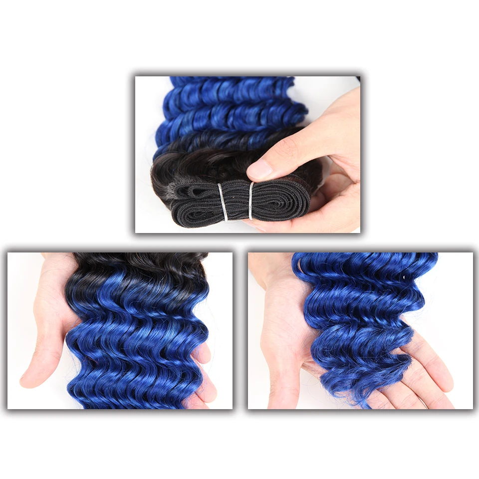 Sleek Ombre Brazilian Nature Deep Wave Bundles Human Hair Weave 1 Piece Deal #T1B Blue Pink Purple Remy Hair Weave 100 Grams