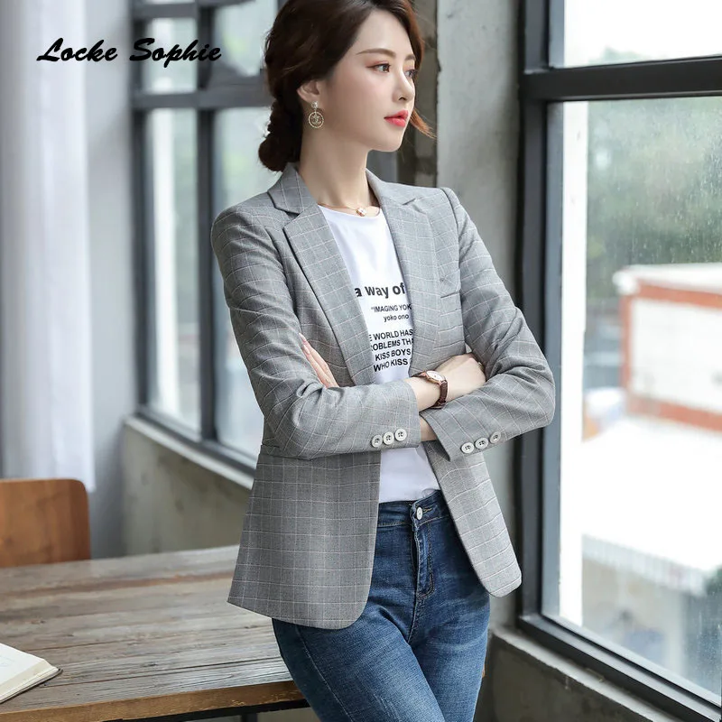 1pcs Women's Plus size Blazers coats 2019 Summer cotton blend plaid Long sleeves Small Suits jackets ladies Skinny Blazers Suit