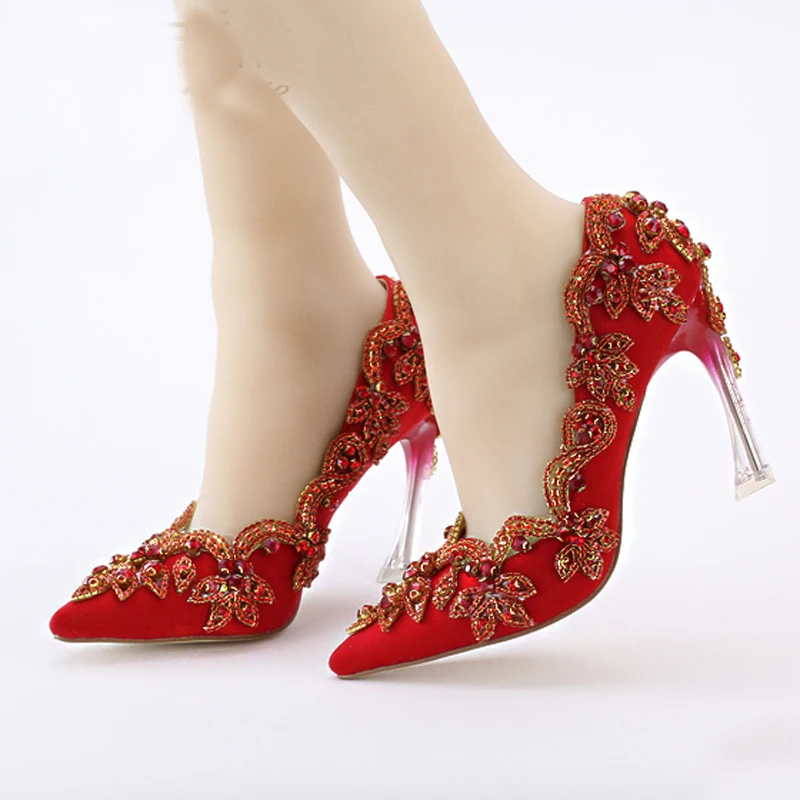 New Women Green Red Pink Satin Pointed Toe Rhinestones Pumps Elegant High Heels 