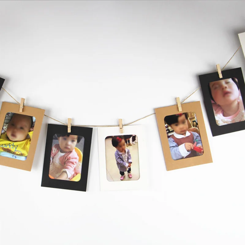 

10Pcs Wall Photo Frame 3/5/6 inch DIY Combination with 10pcs Clips and Rope DIY Hanging Wall Picture Album Kraft Home Decoration