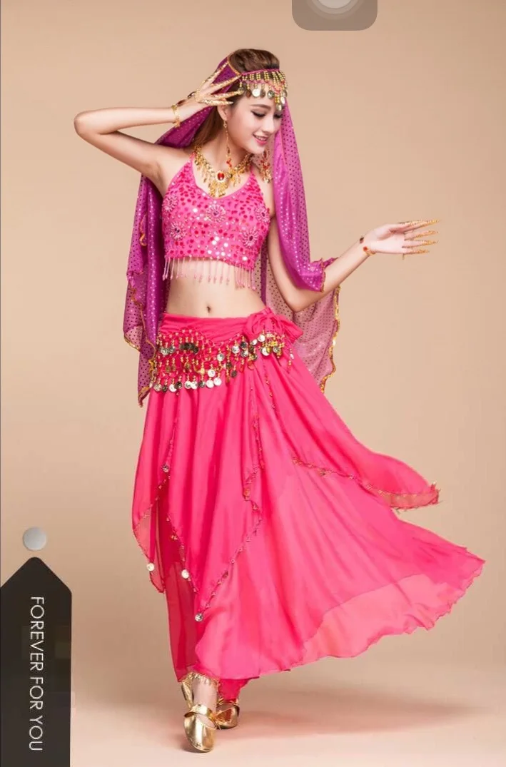 Костюм для танца живота Индийский Болливуд одежда (топ + юбка пояс вуаль)|indian