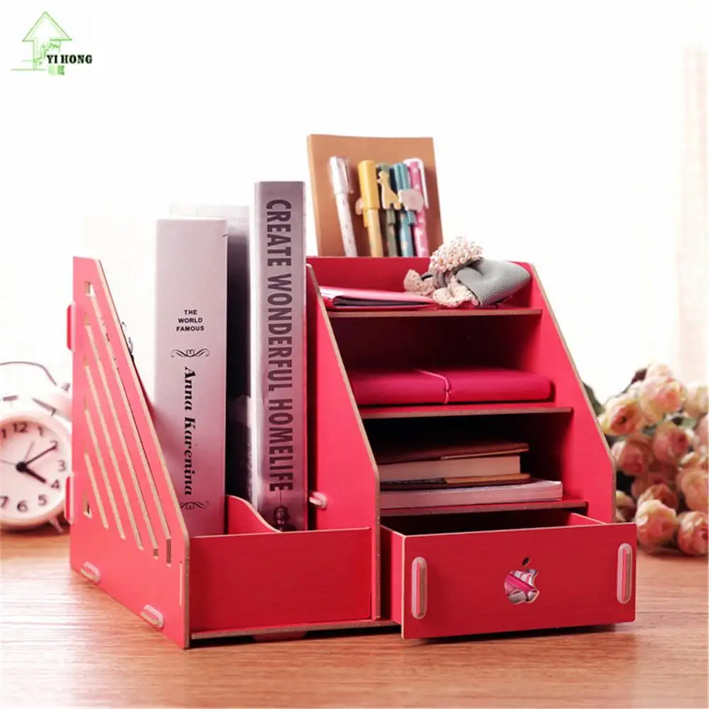 

YIHONG Multi-function Wooden Desktop Storage Folder Make Up Organizer Storage Box Stationery Cosmetic Admission Wood Racks 025c
