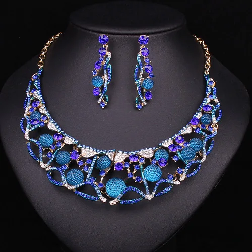Cheapest royal blue round choker bridal necklace and earrings jewelry ...