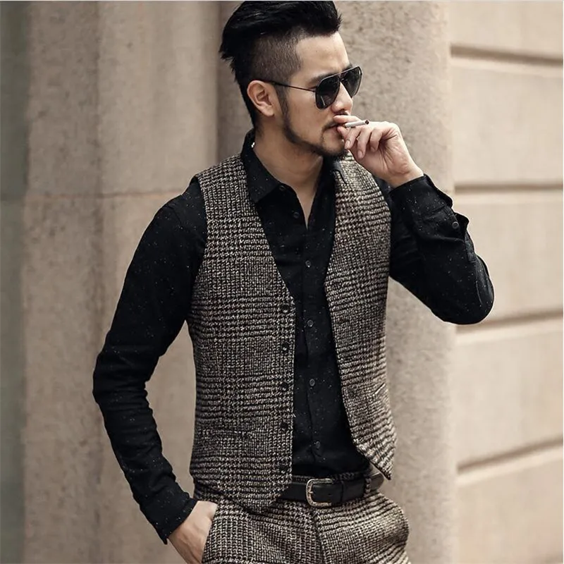 New Fashion Vest Mens Plaid Men Sleeveless Jacket Spring Slim Fit Suit Vests Male Single