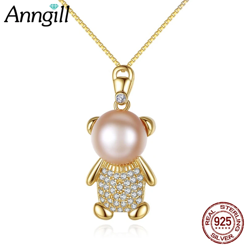 

Lovely Little Bear Freshwater Pearl Pendant Necklace High Quality Box Chain Necklace For Girls Party Animal Silver 925 Jewelry