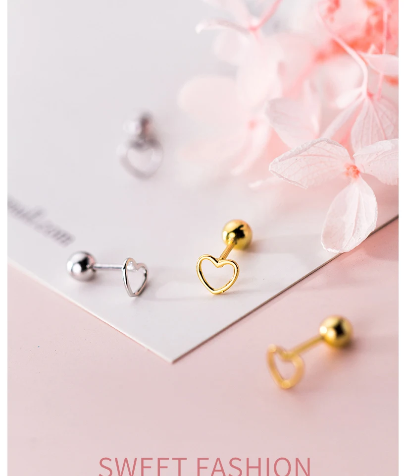 Korean Small Hollow Heart 925 Sterling Silver Screw Stud Earrings For Women Girls Kids Mini Minimalist Jewelry Love Gifts Brinco (1)