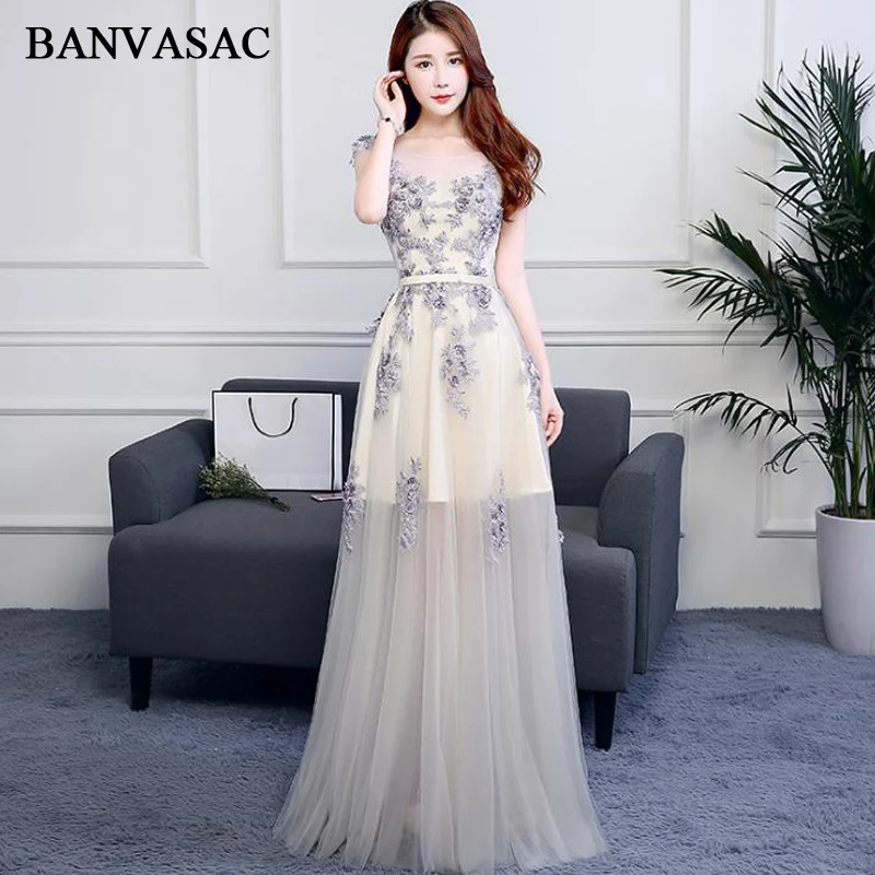 

BANVASAC 2018 Illusion O Neck A Line Lace Appliques Long Evening Dresses Party Short Sleeve Sash Backless Prom Gowns