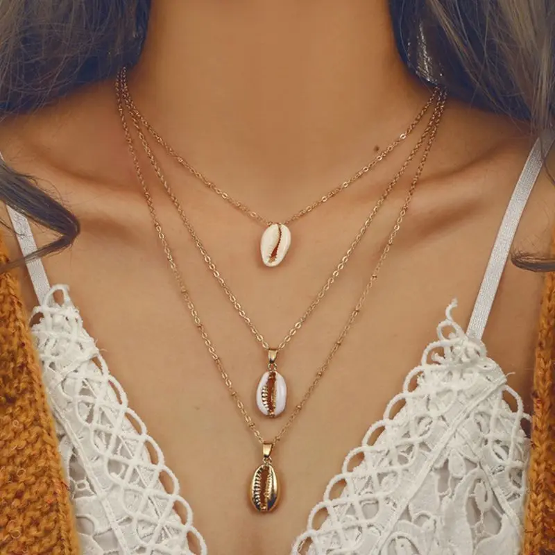 

Jewelry Necklace 3 Layer Fashion Shell Golden Charms Women Choker Boho Vintage Beach Party Thin Chain Pendant Adjustable Gifts