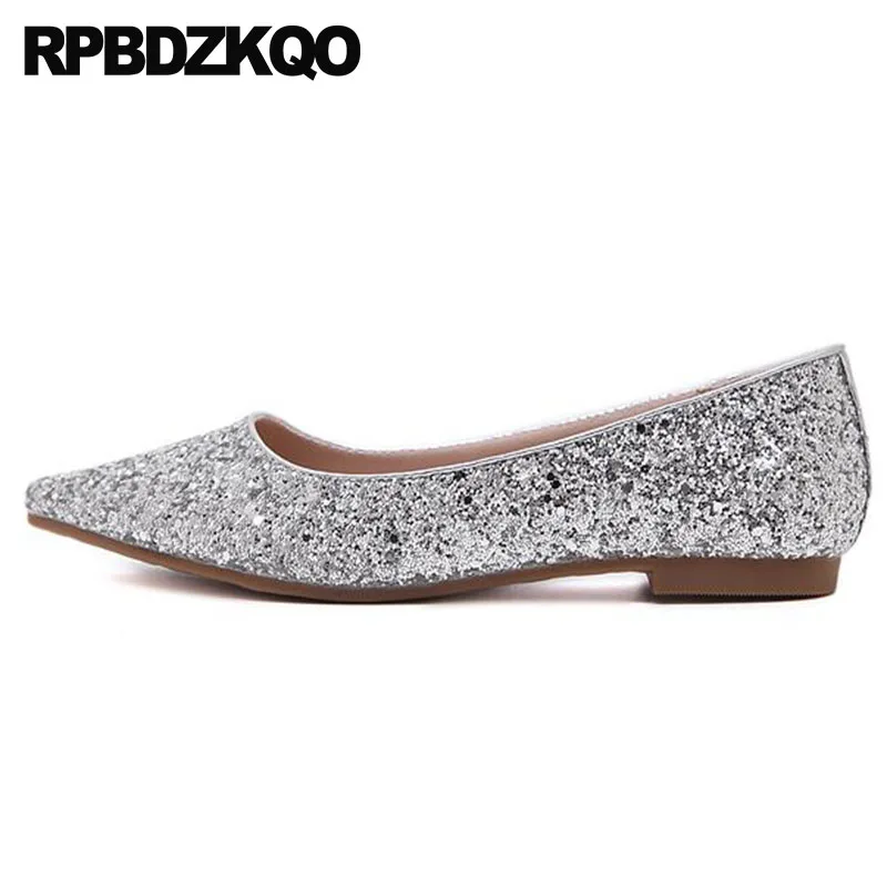 

women slip on large size silver pointed toe 2018 glitter dress big flats designer china autumn spring bling sequins single shoes