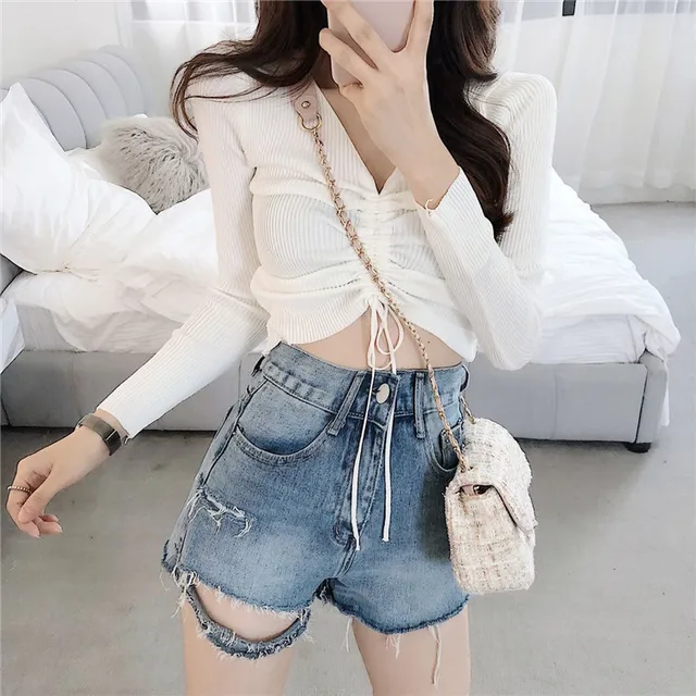 Korean style chic Women's Clothing autumn style knitted crop top T ...