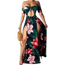 Горячее предложение, модное женское платье с открытыми плечами и разрезом, Летние Повседневные Вечерние платья с коротким рукавом и геометрическим рисунком, цельные пляжные платья из полиэстера