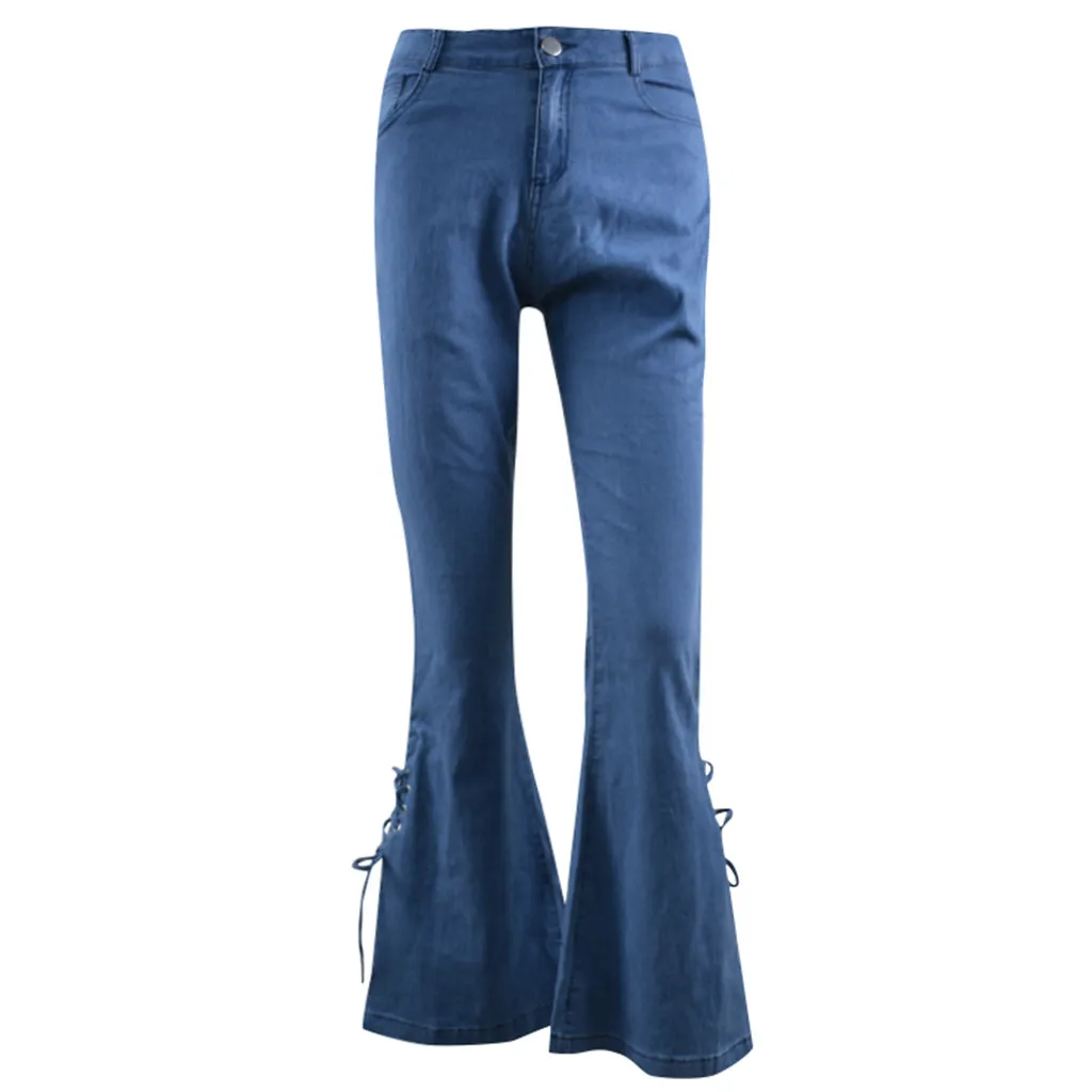 Женские Модные расклешенные брюки большого размера, Ретро стиль, высокая талия, карман, кружева, Бабочка, повседневные брюки, новые обтягивающие сексуальные Стрейчевые джинсы# B - Цвет: Синий