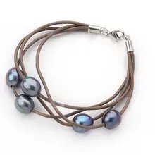 Подробные сведения о Коричневая кожа и 10-11 мм натуральный пресноводный жемчуг многожильный браслет