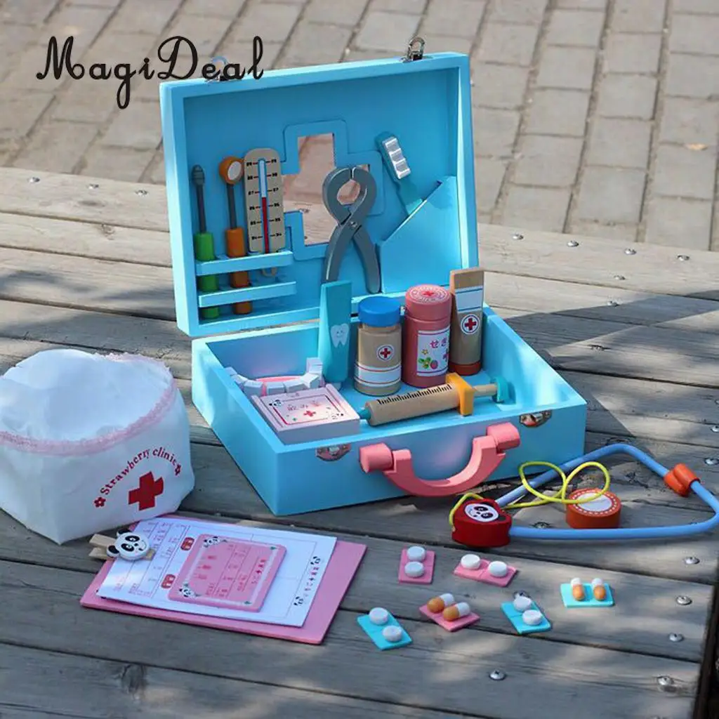 30PCS Wooden Medical Kits Box Tools Tablets Carry Case Doctor Nurse Pretend Role Playing Set Kids Educational Toy