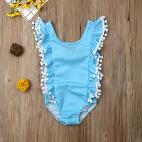 От 1 до 6 лет детский летний Одноцветный купальный костюм с оборками и кисточками для маленьких девочек - Цвет: Небесно-голубой
