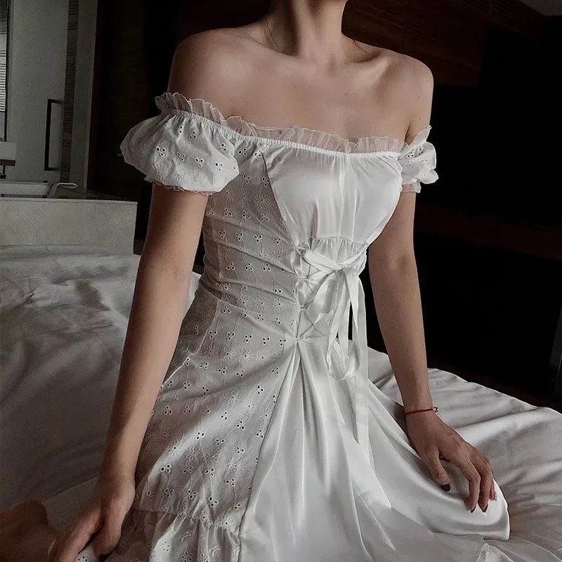 

2018 Summer New European Lace Ruffled Dress Slash Neck Lace Up Waist Beach Holiday Vintage Dress Temperament White Fairy Dress