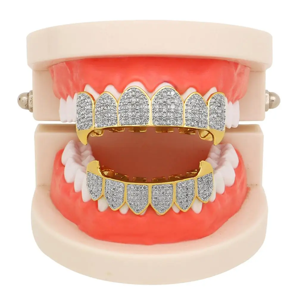 

3Colors Silver Gold Diamond Grills Gold Plated Hip Hop Teeth Grills for Gold Jewelry Top Bottom Teeth Mouth for party KTV