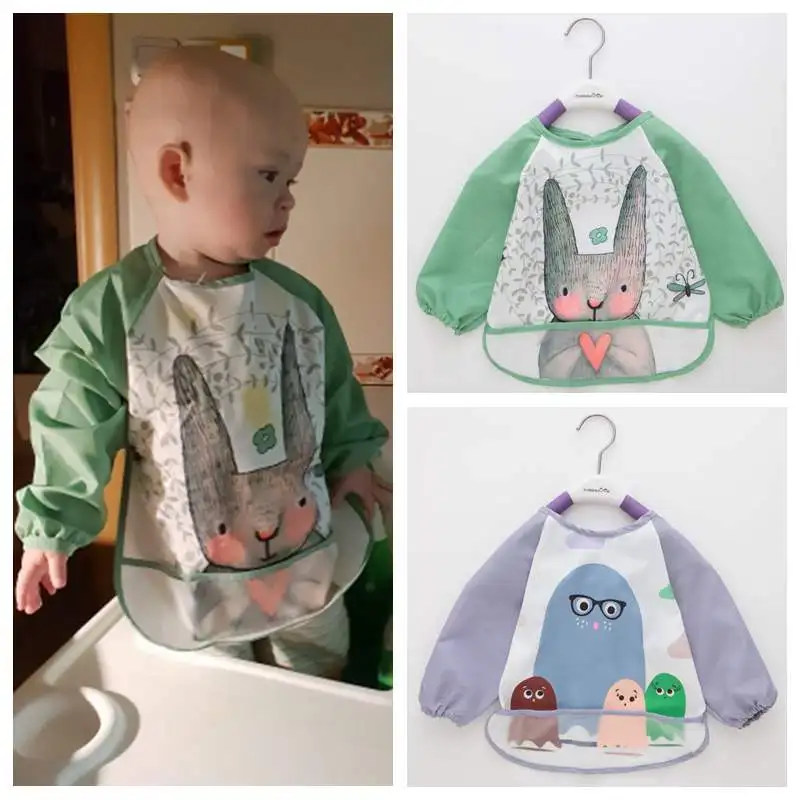 

2019 Cute Baby Bibs Toddler Baberos Bavoir Waterproof Long Sleeve Apron Cartoon Animals Children Feeding Smock Bib Baby Stuff