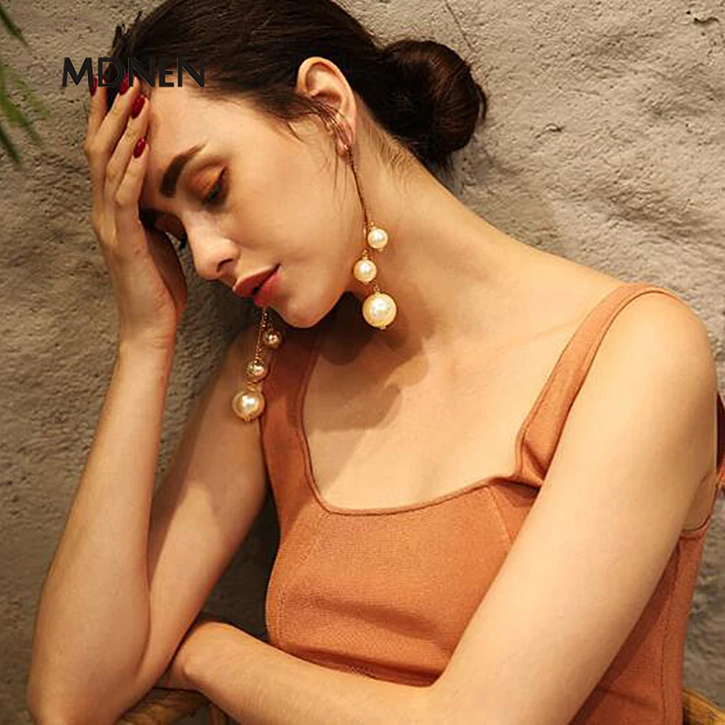 

drop earrings white pearl long chain tassel different size pearl elegance dangle earrings for women