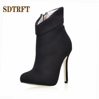 

SDTRFT Flock Winter Warm Stilettos 12cm thin high heels Ankle boots Pointed Toe shoes Woman Crossdresser Botas pumps US10 11 12