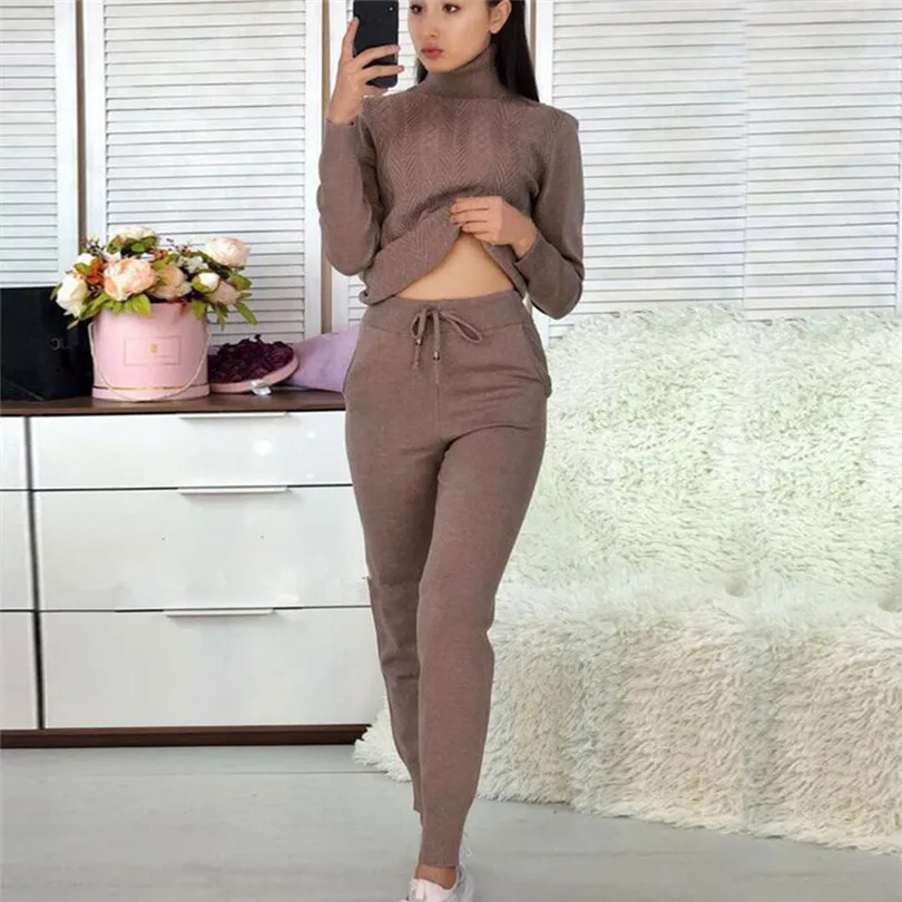 

Taotrees 2 Pieces Sweater Knitted Set Long Sleeve Pullover High Collar sweater and Trouser Clothing Suit Knitting Costume