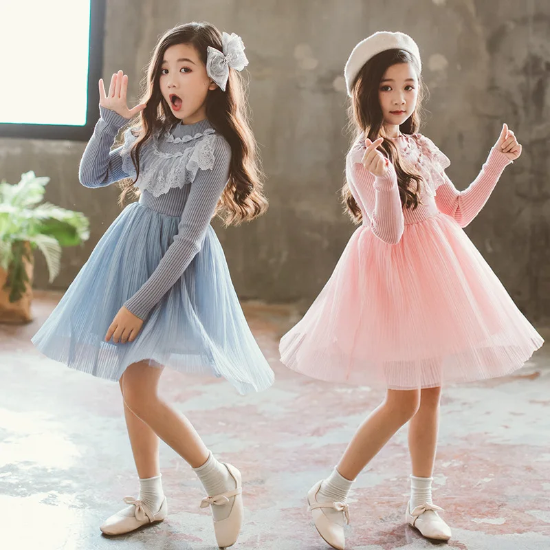 

2018 New Teenage Kids Puffy Winter Autumn Tulle Dress Long Sleeves Vintage Style Clothes for Big Girls Reffles Lace Collar
