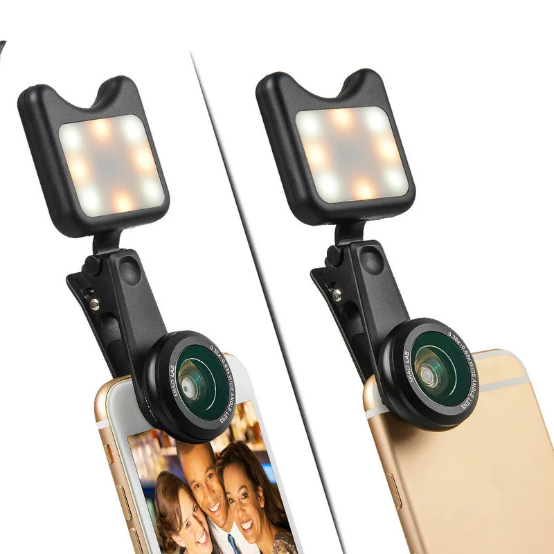 

Universal 3 in 1 phone camera lens wide macro lens + Led Fill light Lens Selfie Lentes for iPhone Samsung Lens smartphone