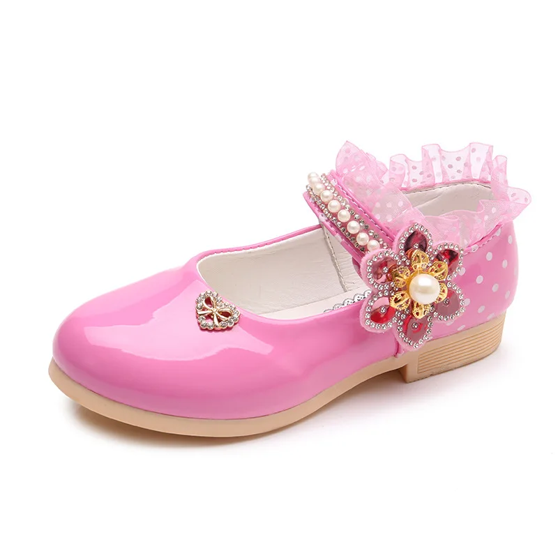 

2018NEW Baby Girl princess shoes Fashion flower Rhinestones Lace Girls patent leather shoes Kid Student Dance Party Shoes