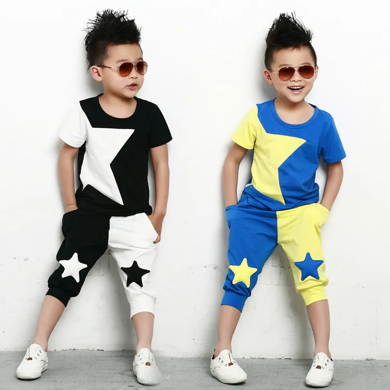

kids suits twinset spring summer clothing set Boys Costume Black White patchwork star T-shirt & dance Hip Hop harem pants