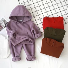 Зимний комплект для мальчиков, Флисовая теплая детская толстовка с капюшоном+ штаны, повседневный спортивный комплект из 2 предметов, черная детская одежда для девочек, BC491