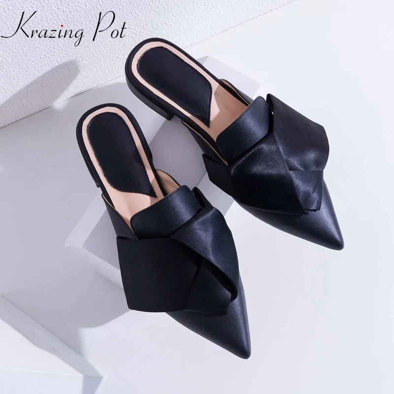 

Krazing Pot genuine leather silk pointed toe solid low heels slip on slingback mules sweet bowtie bigger size women sandals L36