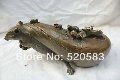 

free 8" China Chinese Folk Copper Bronze Money bag Fengshui Mouse Rat Lucky Statue fast