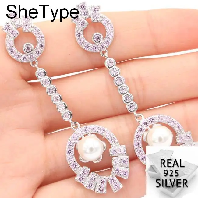 

Long Big Heavy 12.34g Pink Kunzite White Pearl Wedding Ladies 925 Solid Sterling Silver Earrings 64x19mm